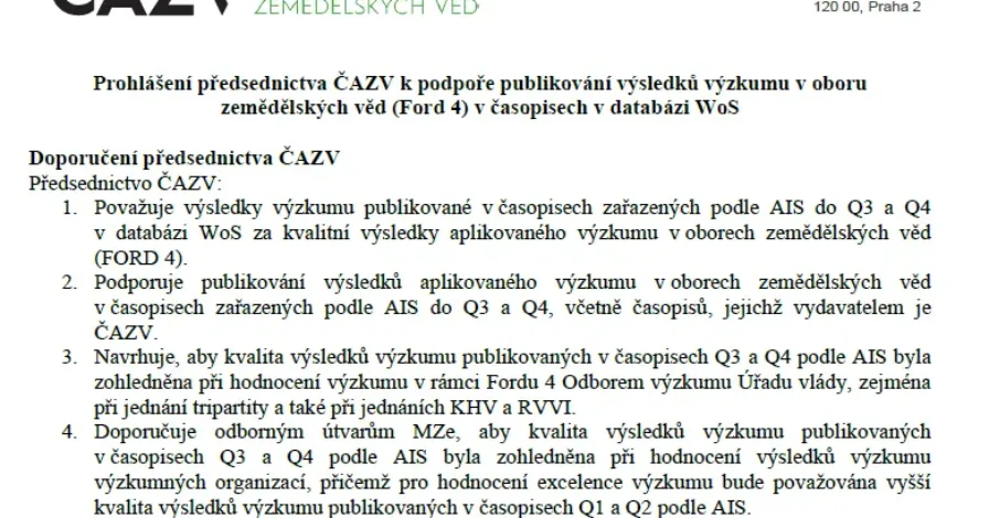 Prohlášení předsednictva ČAZV k podpoře publikování výsledků výzkumu v oboru zemědělských věd (Ford 4) v časopisech v databázi WoS
