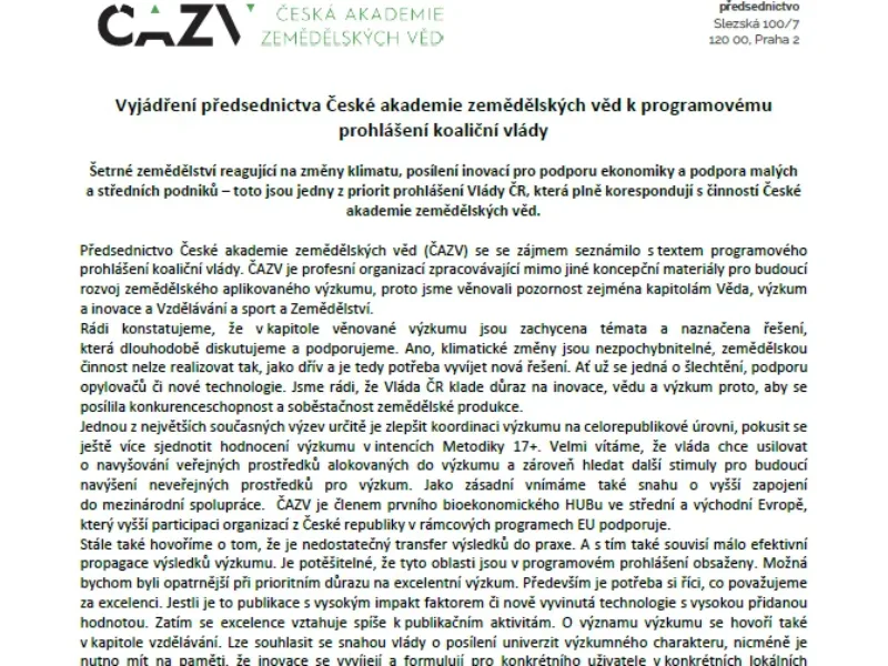 Vyjádření předsednictva ČAZV k programovému prohlášení koaliční vlády