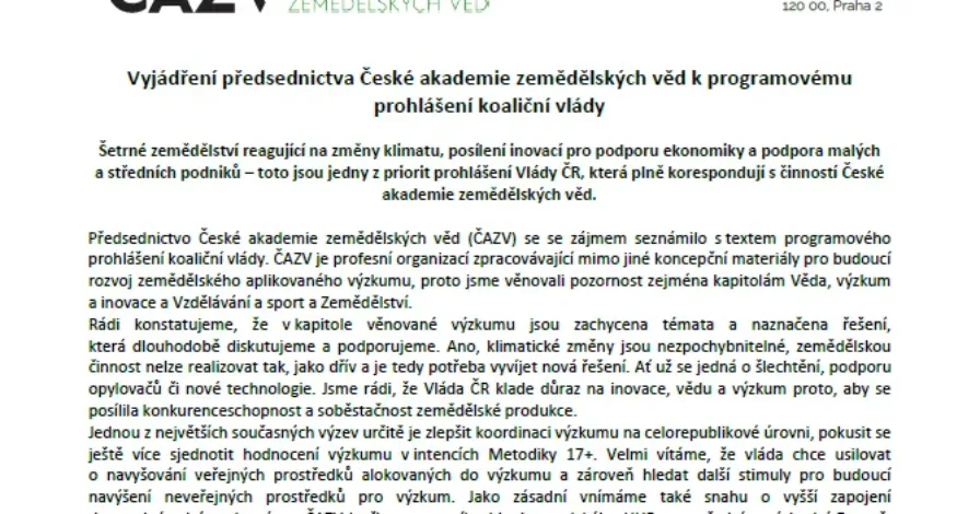 Vyjádření předsednictva ČAZV k programovému prohlášení koaliční vlády