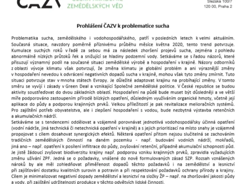 Prohlášení ČAZV k problematice sucha