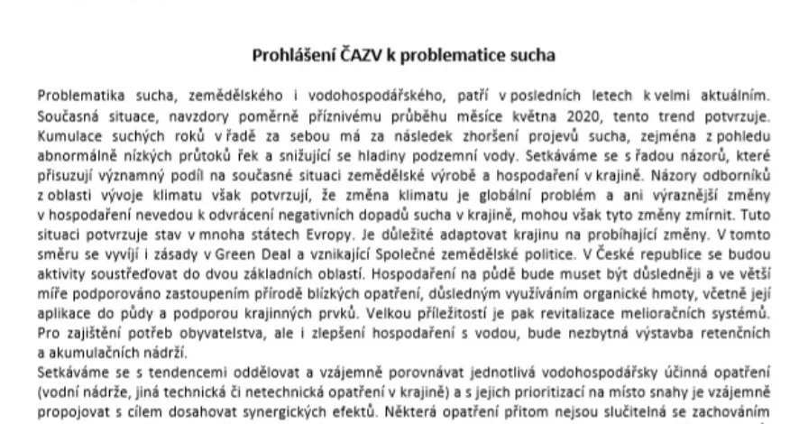 Prohlášení ČAZV k problematice sucha