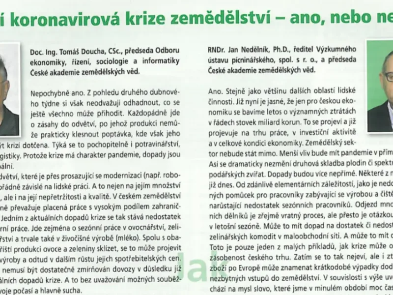 Ovlivní koronavirová krize zemědělství – ano či ne? Článek členů ČAZV v časopise Úroda