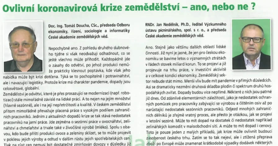 Ovlivní koronavirová krize zemědělství – ano či ne? Článek členů ČAZV v časopise Úroda