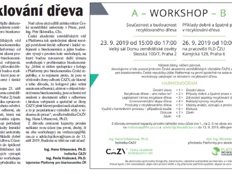 O plánovaných workshopech na téma recyklování dřeva v časopise Zemědělec