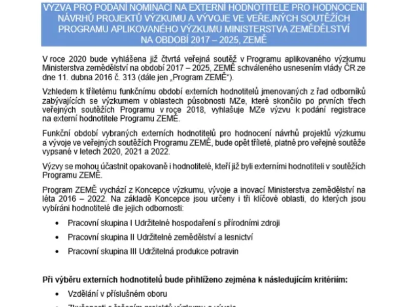 Výzva pro podání nominací na externí hodnotitele pro hodnocení návrhů projektů výzkumu a vývoje ve veřejných soutěžích Programu aplikovaného výzkumu Ministerstva zemědělství