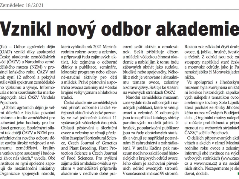 O aktivitách ČAZV v časopise Zemědělec