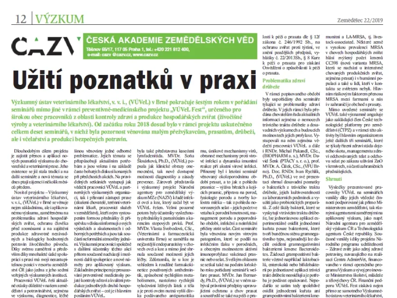 Členové odboru veterinárního lékařství ČAZV publikují v časopise Zemědělec