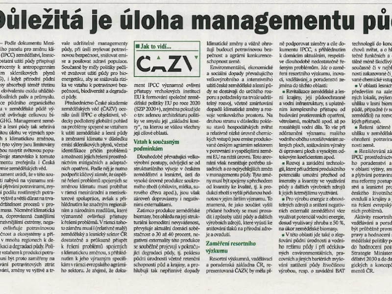 Důležitá je úloha managementu půdy, článek členů ČAZV v časopisu Zemědělec