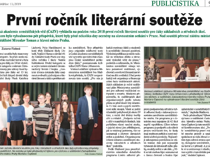 O literární soutěži ČAZV také v časopisech Zemědělec a Zemědělská škola