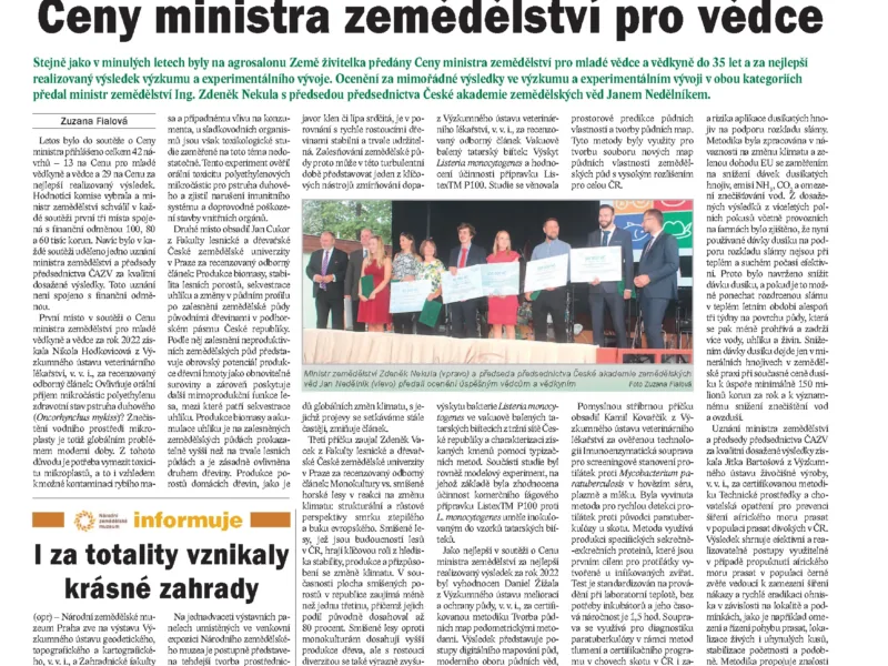 O vyhlášení Cen ministra zemědělství v časopise Zemědělec