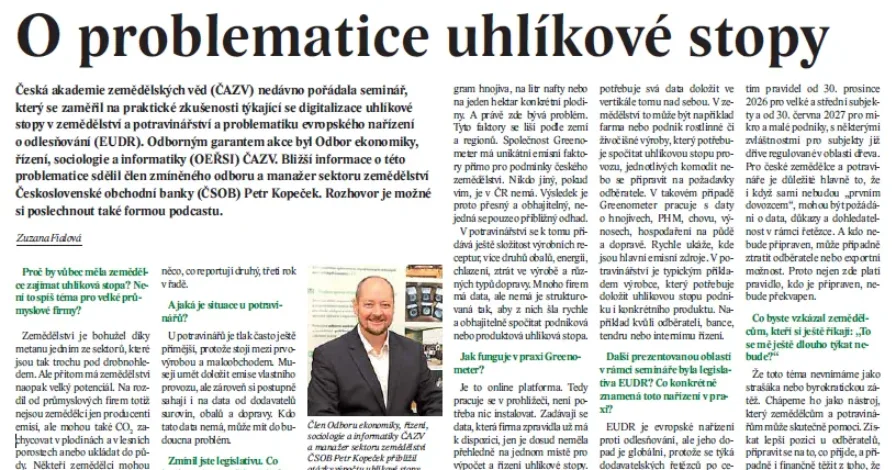 Rozhovor na půdě ČAZV přiblížil digitalizaci uhlíkové stopy v zemědělství