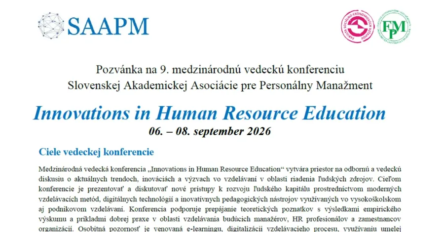 Pozvánka na mezinárodní vědeckou konferenci Innovations in Human Resource Education